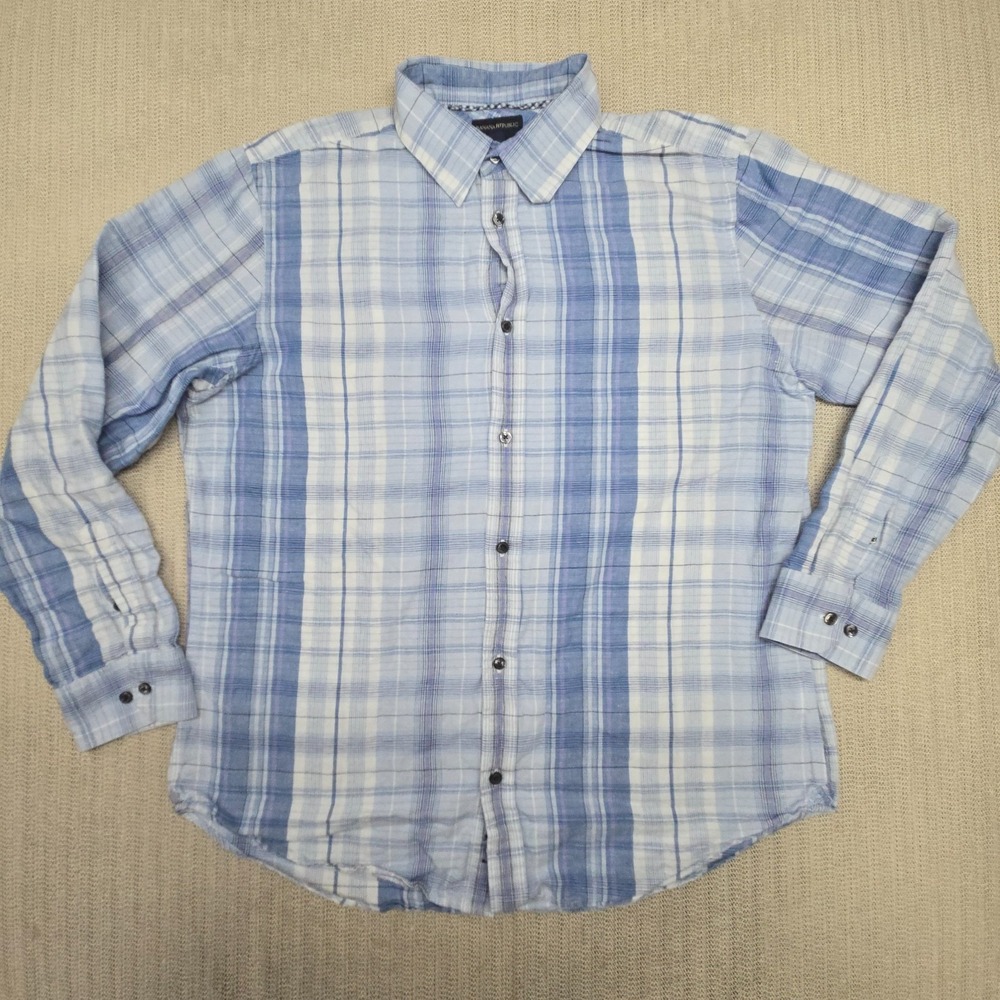 Banana Republic Shirt Mens XL Blue Plaid Linen Blend Button Up Down Dress